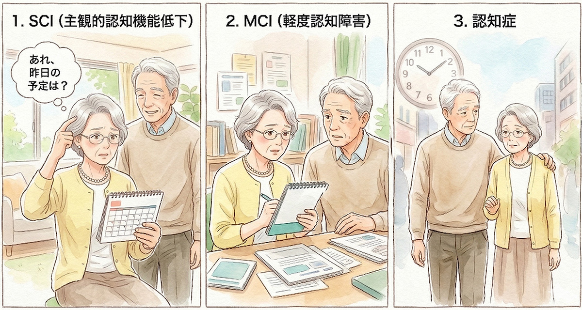 「もの忘れ」から「認知症」へのステップイメージ